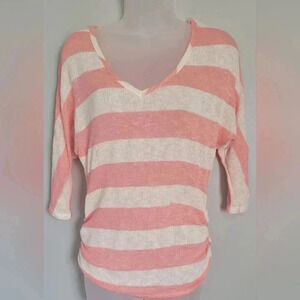 NWOT Teenbell knit top 3/4 drop sleeve v-neck peach & ivory stripes womens med.
